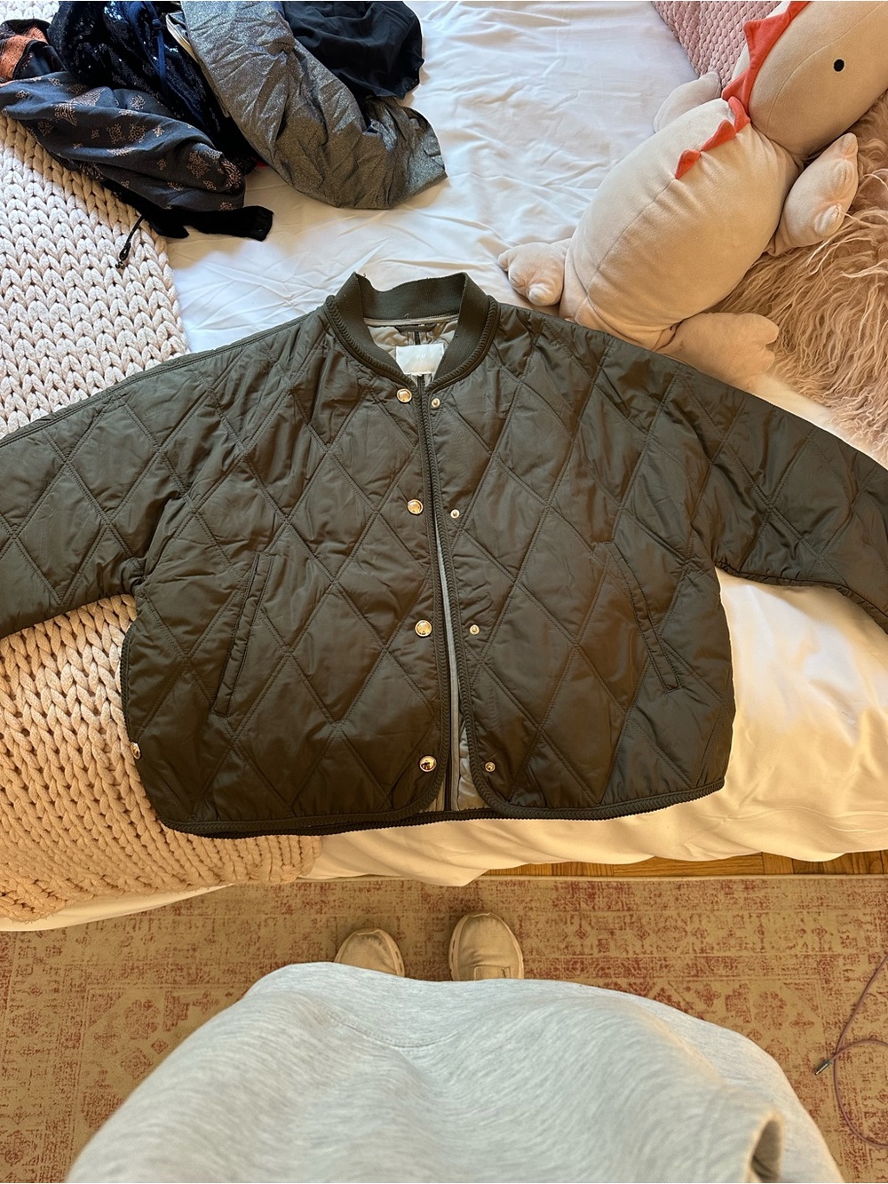 H&M Quilted Bomber Jacket in Olive Green